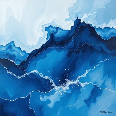 The primary subject of the image is a painting of a blue ocean with white waves. The setting is a blue and white ocean, and the visual style is a painting. The dominant colors are blue and white, creating a serene and calming atmosphere.